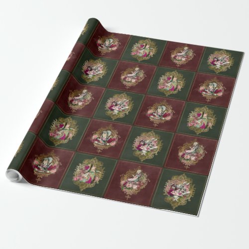 Alice in Wonderland Characters on RedGreen  Gold Wrapping Paper