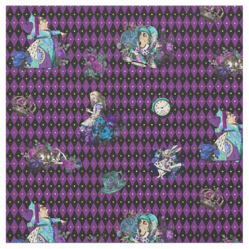 Alice in Wonderland Characters on Violet Harlequin Fabric