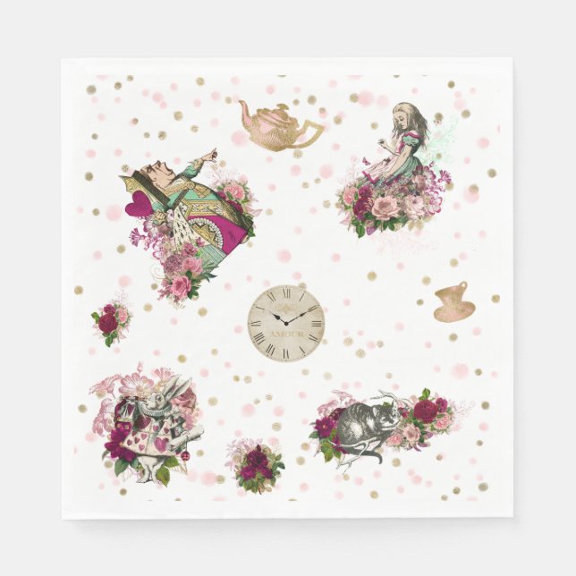 Alice in Wonderland Characters on White & Glitter Napkins (Front)