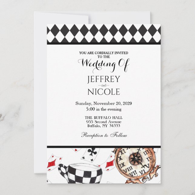 Alice in Wonderland Checkered Wedding Invitation (Front)
