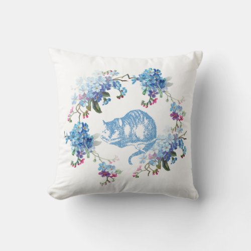 Alice in Wonderland Cheshire Cat Blue Floral Throw Pillow