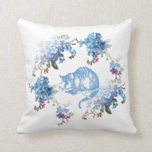 Alice in Wonderland Cheshire Cat Blue Floral Throw Pillow