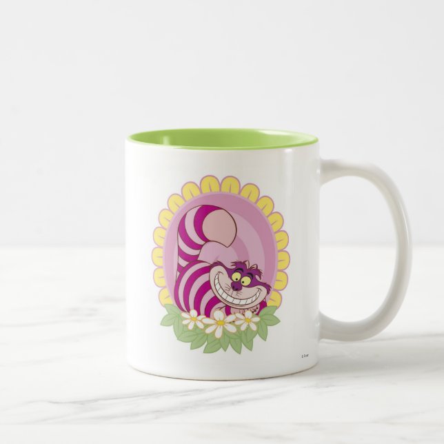 Alice in Wonderland Cheshire Cat grinning flowers Two-Tone Coffee Mug (Right)