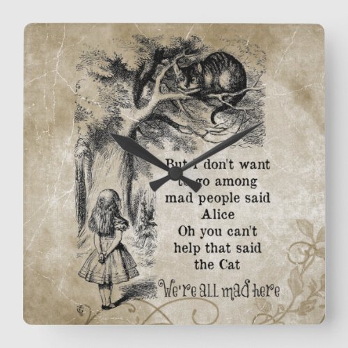 Alice in Wonderland Cheshire Cat with Alice Square Wall Clock
