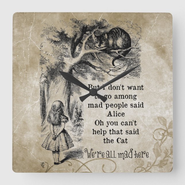 Alice in Wonderland; Cheshire Cat with Alice Square Wall Clock (Front)