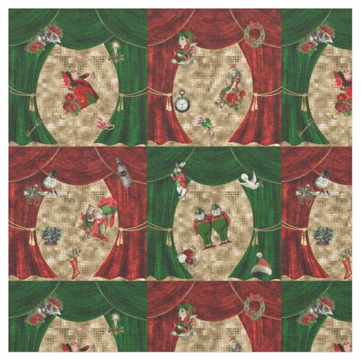 Alice in Wonderland Christmas Green/Red Curtain Fabric