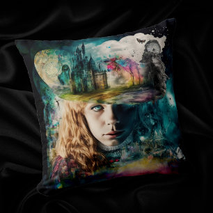 Alice in Wonderland Clock and City Skyline Throw Pillow