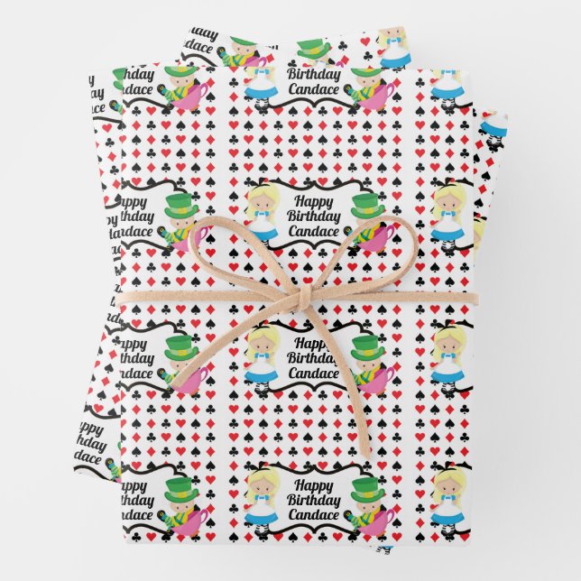 Alice in Wonderland Custom Black Red Birthday Wrapping Paper Sheets (In situ)
