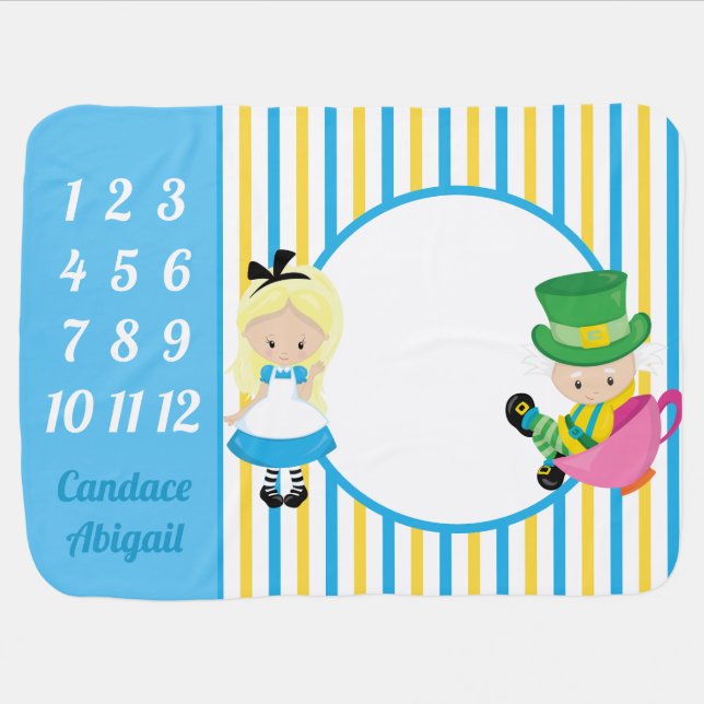 Alice in Wonderland Cute Custom Blue Milestone Baby Blanket (Horizontal)