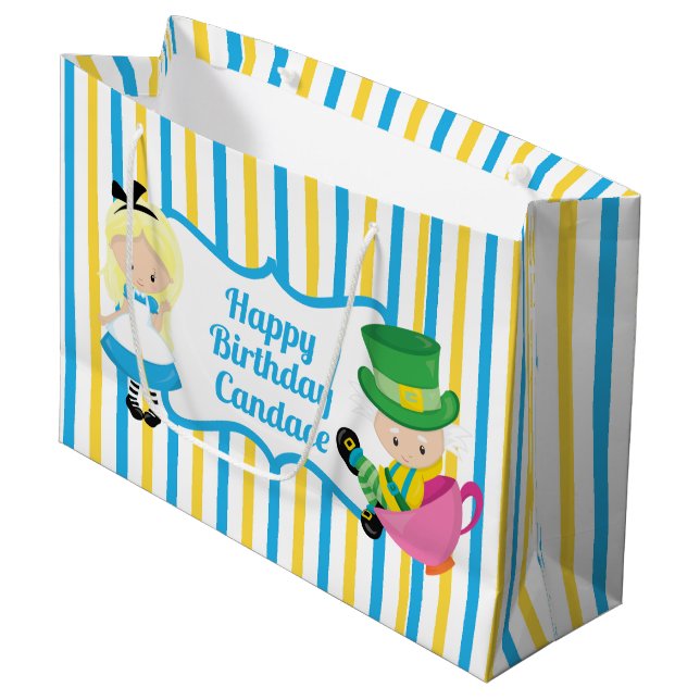 Alice in Wonderland Cute Custom Kids Birthday Girl Large Gift Bag (Front Angled)