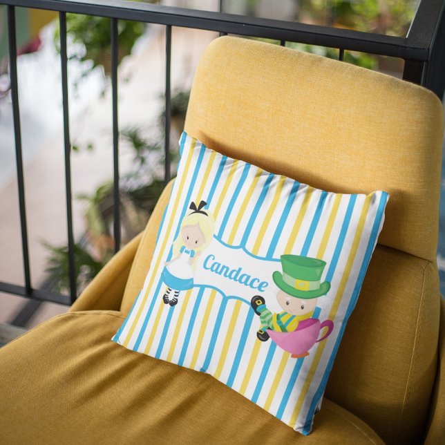 Alice in Wonderland Cute Kids Monogram Blue Yellow Throw Pillow (Creator Uploaded)