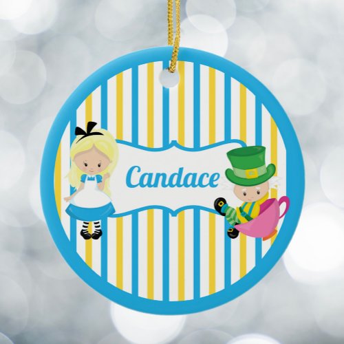 Alice in Wonderland Cute Kids Monogram Christmas Ceramic Ornament