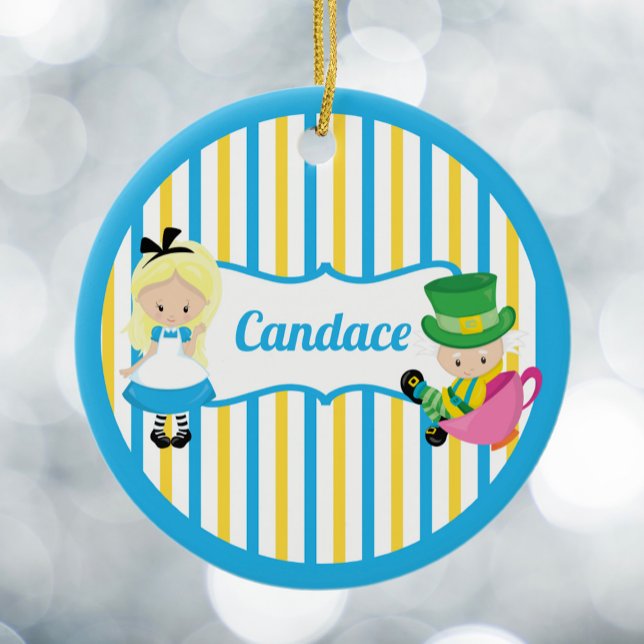 Alice in Wonderland Cute Kids Monogram Christmas Ceramic Ornament (Creator Uploaded)