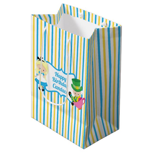 Alice in Wonderland Cute Personalized Kid Birthday Medium Gift Bag (Front Angled)