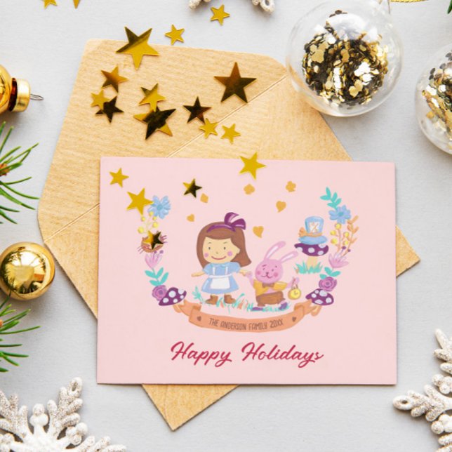 Alice in Wonderland cute watercolor pink photo Holiday Card (Creator Uploaded)