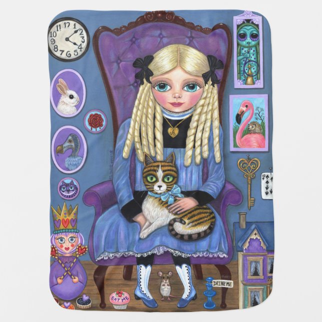 Alice in Wonderland & Dinah Cat Cute Fairy Tale Baby Blanket (Front)