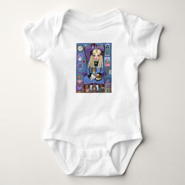 Alice in Wonderland & Dinah Cat Cute Fairy Tale Baby Bodysuit (Front)