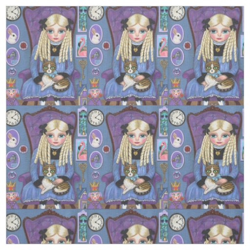 Alice in Wonderland & Dinah Cat Cute Fairy Tale Fabric