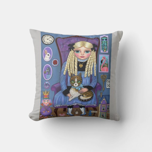 Alice in Wonderland & Dinah Cat Cute Fairy Tale Throw Pillow (Front)