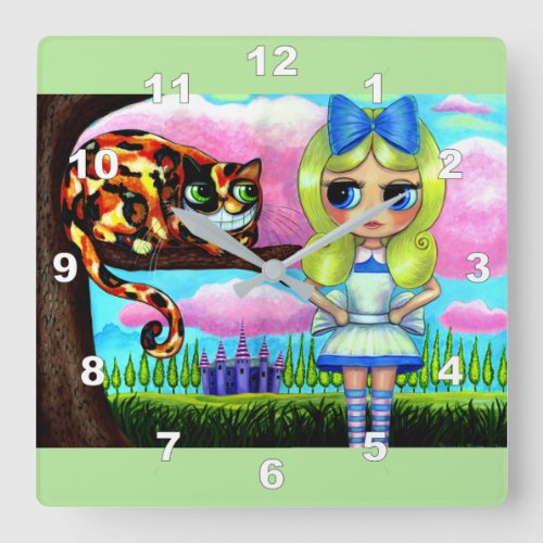 Alice in Wonderland Doll Cheshire Cat Cute Nursery Square Wall Clock
