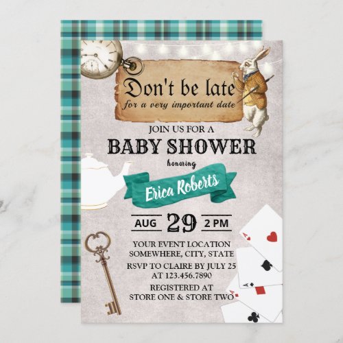 Alice in Wonderland Dont be Late Cute Baby Shower Invitation
