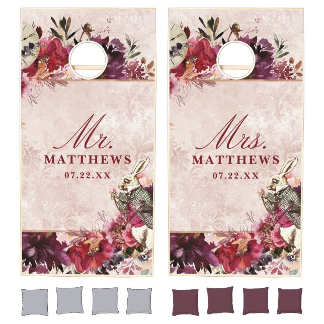 Alice in Wonderland Elegant Wedding Mr & Mrs Cornhole Set (Set)