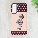 Alice in Wonderland Fairy Tale Monogram Samsung Galaxy S21 Case<br><div class="desc">Do you like the whimsical Alice in Wonderland fairy tale? This design features the classic illustration of Alice,  in burgundy and aqua,  seeming bewildered but charming. Burgundy and peachy pink hearts border the design. Add your initials to personalize this design.</div>