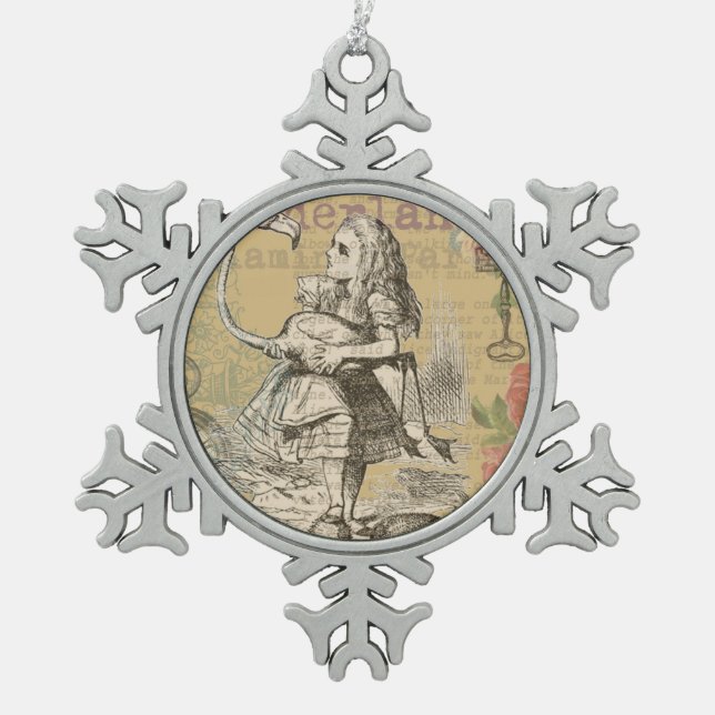 Alice in Wonderland Flamingo Classic Snowflake Pewter Christmas Ornament (Front)