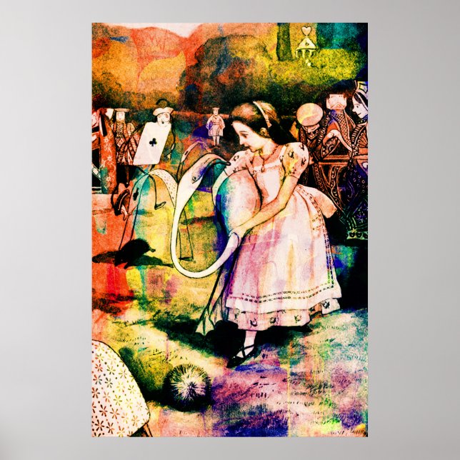 Alice in Wonderland Flamingo Croquet Watercolour Poster (Front)