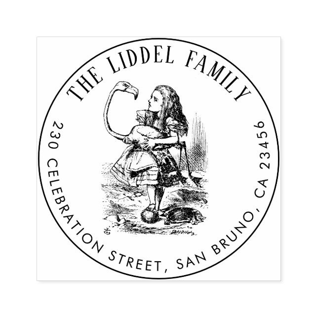 Alice In Wonderland Flamingo Round Return Address Rubber Stamp (Imprint)