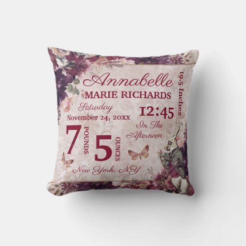 Alice in Wonderland Floral Baby Birth Stats Throw Pillow