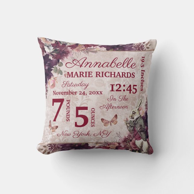 Alice in Wonderland Floral Baby Birth Stats Throw Pillow (Front)