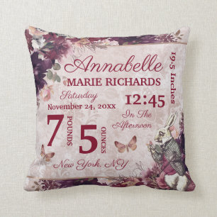 Alice in Wonderland Floral Baby Birth Stats Throw Pillow