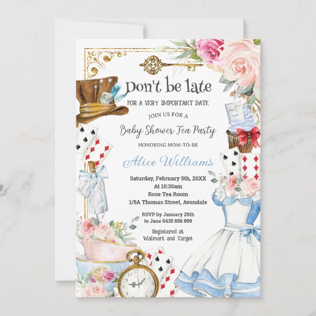 Alice in Wonderland Floral Baby Shower Tea Party Invitation (Front)