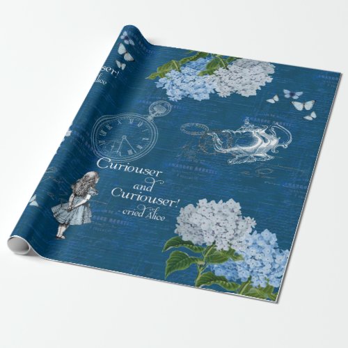 Alice in Wonderland Floral Blue Wrapping Paper