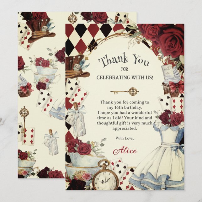 Alice in Wonderland Floral Bridal Shower Tea Party Thank You Card (Front/Back)