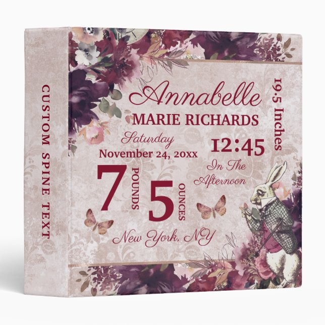 Alice in Wonderland Floral Custom Baby Birth Stats 3 Ring Binder (Front/Spine)