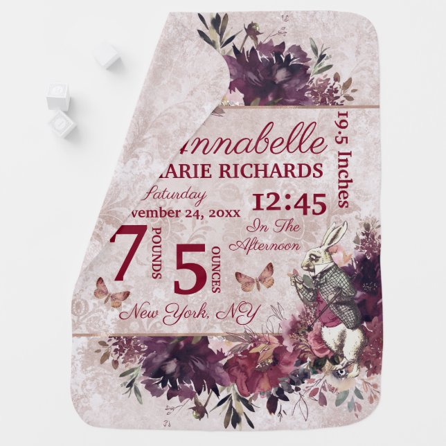 Alice in Wonderland Floral Custom Baby Birth Stats Baby Blanket (In Situ)
