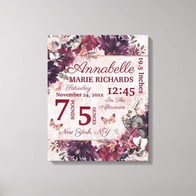Alice in Wonderland Floral Custom Baby Birth Stats Canvas Print (Front)