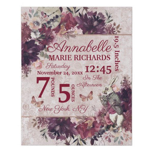 Alice in Wonderland Floral Custom Baby Birth Stats Faux Canvas Print