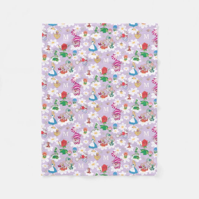 Alice in Wonderland Floral Pattern Custom Initial Fleece Blanket (Front)