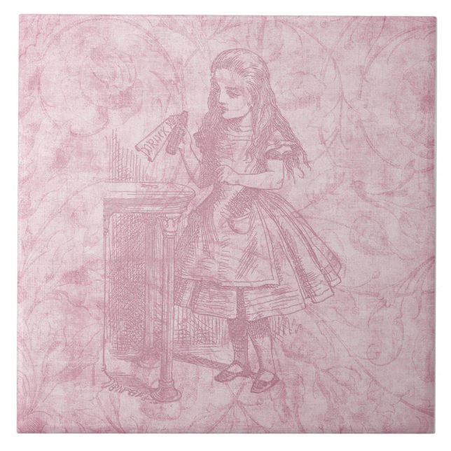 Alice in Wonderland Floral Pink Alice with Bottle Ceramic Tile (Front)
