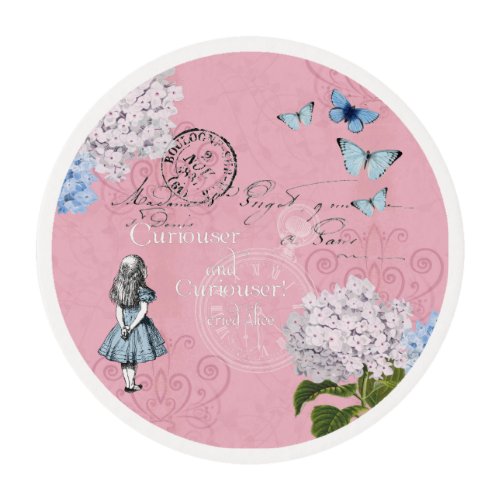 Alice in Wonderland Floral Pink Blue Frosting Disk Edible Frosting Rounds