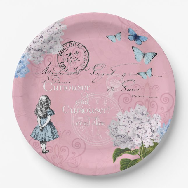Alice in Wonderland Floral Pink Blue Paper Plates (Front)