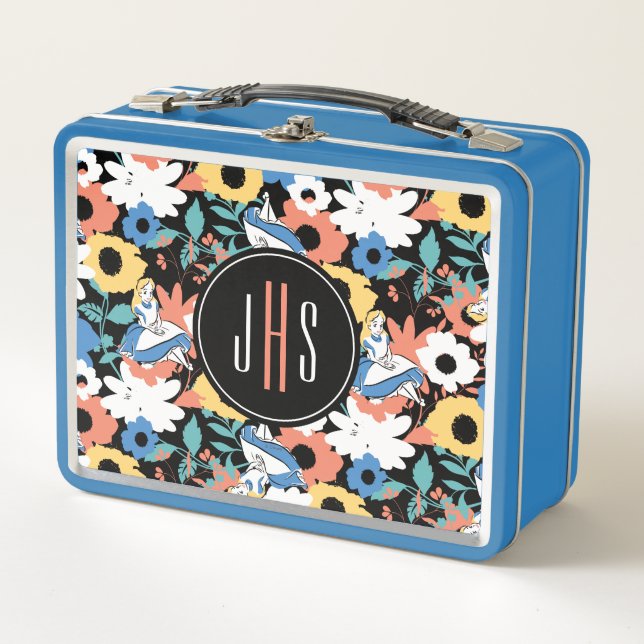 Alice in Wonderland Floral Retro Monogram Metal Lunch Box (Front)