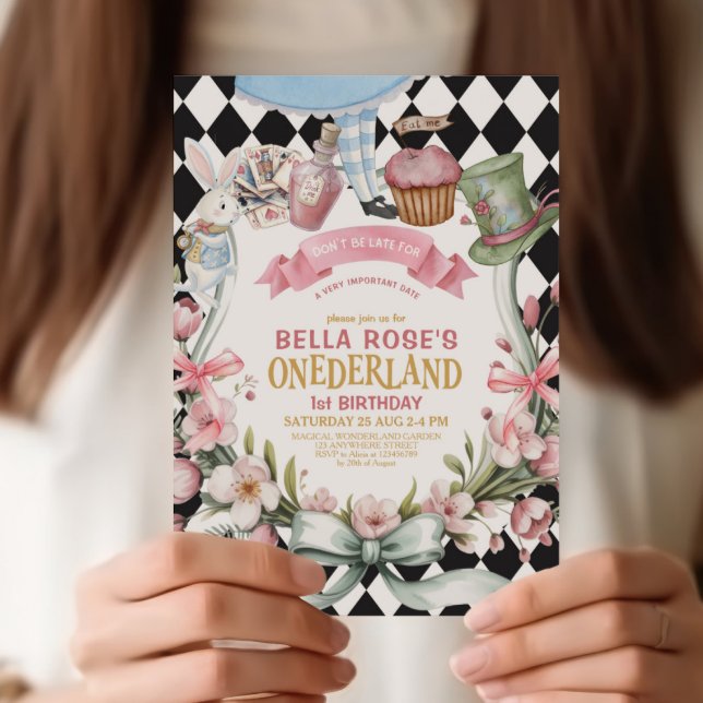 Alice in Wonderland Flower Frame  1st birthday Invitation (Creator Uploaded)