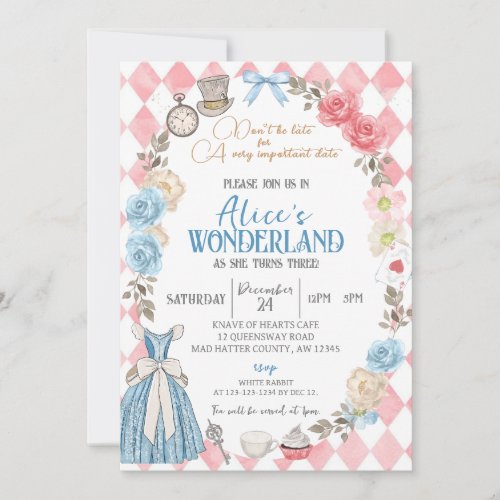 Alice in Wonderland Girl 3rd Birthday Tea Party Invitation