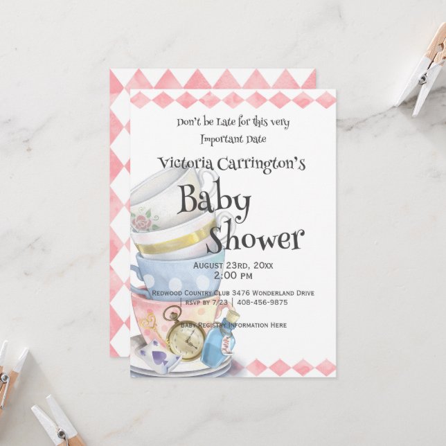 Alice in Wonderland Girl Baby Shower Invitation (Front/Back In Situ)