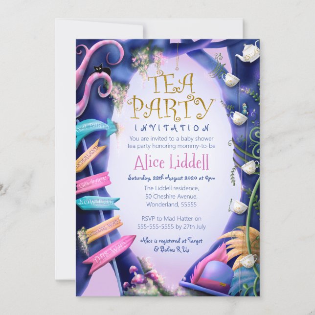 Alice in Wonderland, gold glitter, baby shower Invitation (Front)