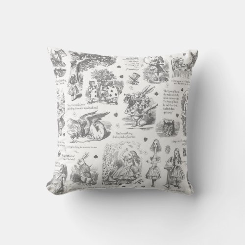 Alice in Wonderland Gray Toile Quotes Throw Pillow